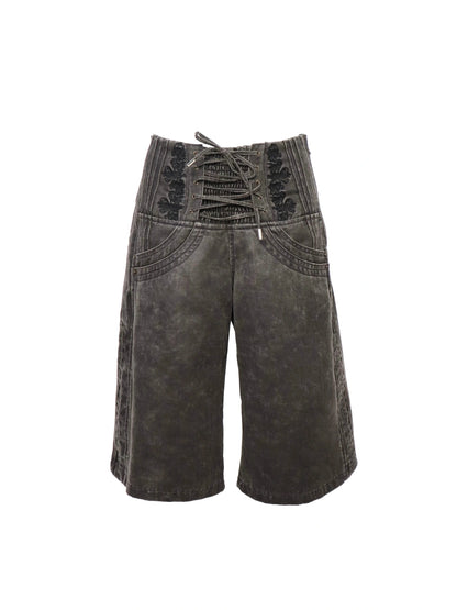 Vintage Embroidered Drawstring Wide Leg Shorts