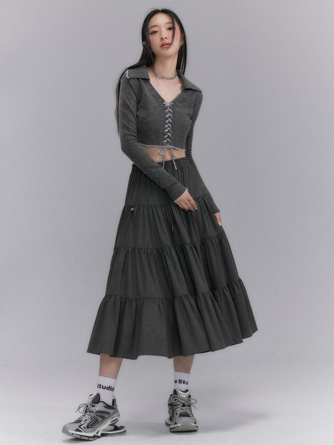 DIDDI MODA Casual Khaki Tiered A Line Skirt With Layered Ruffles