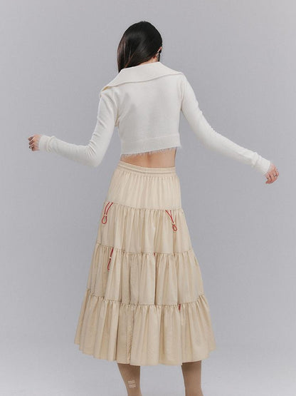 DIDDI MODA Casual Khaki Tiered A Line Skirt With Layered Ruffles