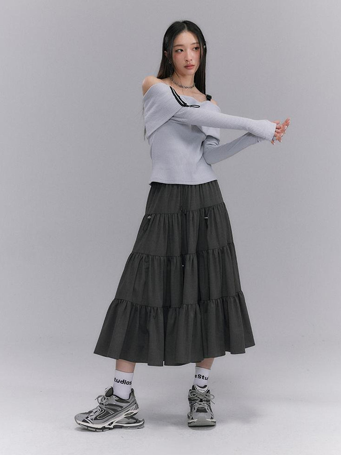 DIDDI MODA Casual Khaki Tiered A Line Skirt With Layered Ruffles
