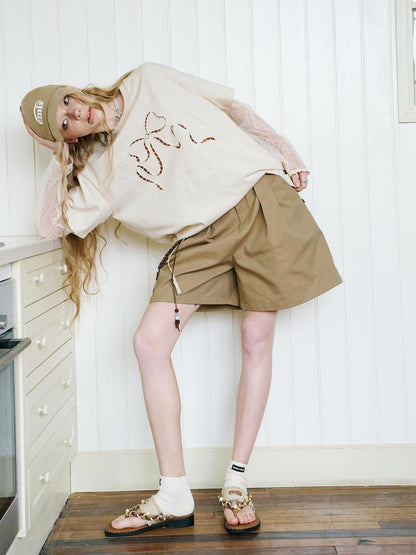 DIDDI MODA Casual Pleated Wide Leg Mid Shorts