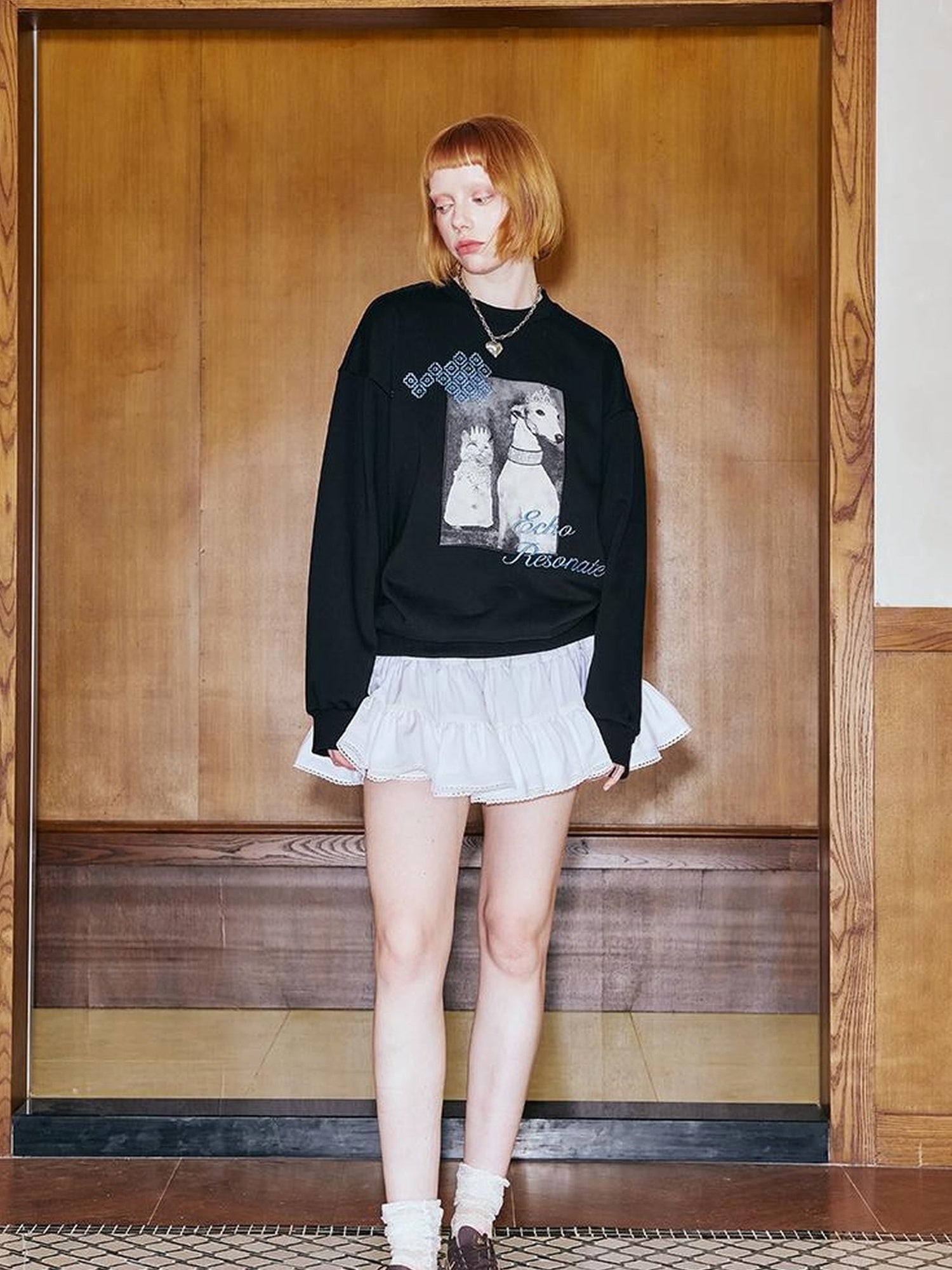 DIDDI MODA Cat Dog Crown Embroidered Loose Cotton Sweatshirt