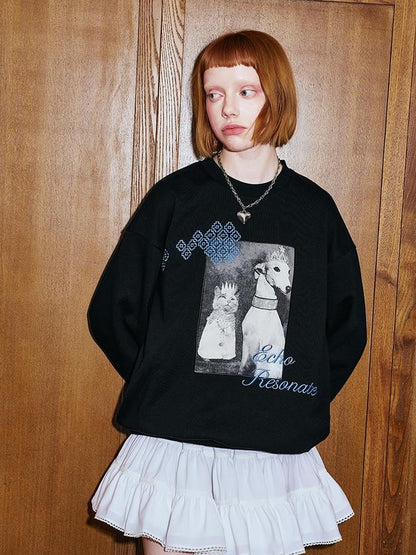 DIDDI MODA Cat Dog Crown Embroidered Loose Cotton Sweatshirt