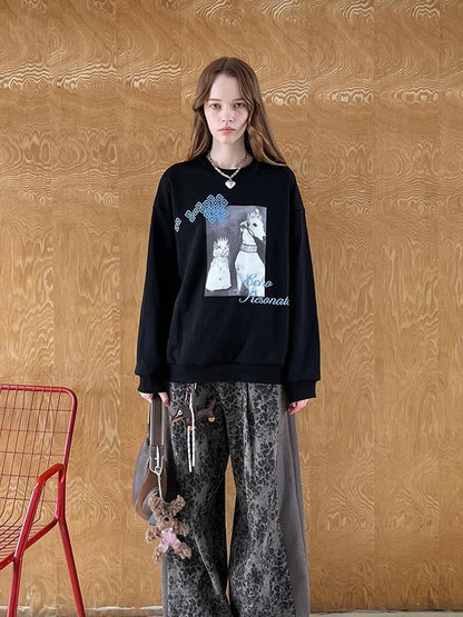 DIDDI MODA Cat Dog Crown Embroidered Loose Cotton Sweatshirt