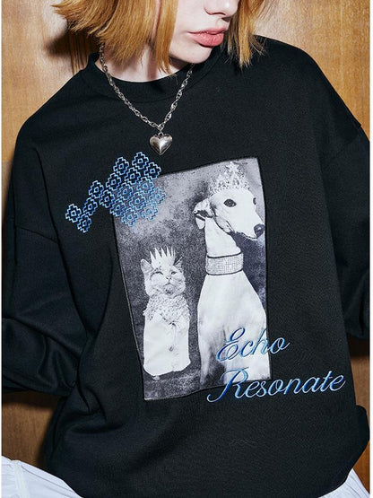 DIDDI MODA Cat Dog Crown Embroidered Loose Cotton Sweatshirt