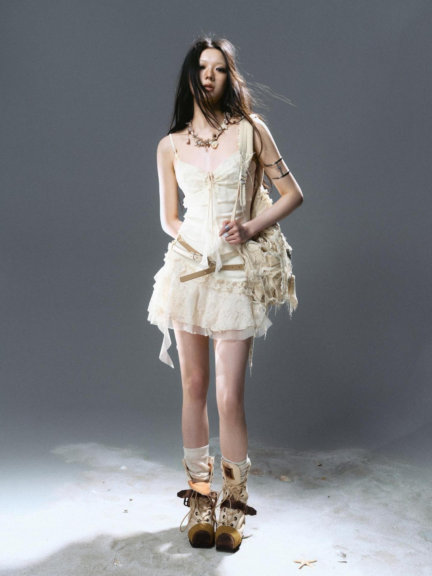Cest Nous A Line Ruched Tie Belt Mesh Panel Ruffle Women&