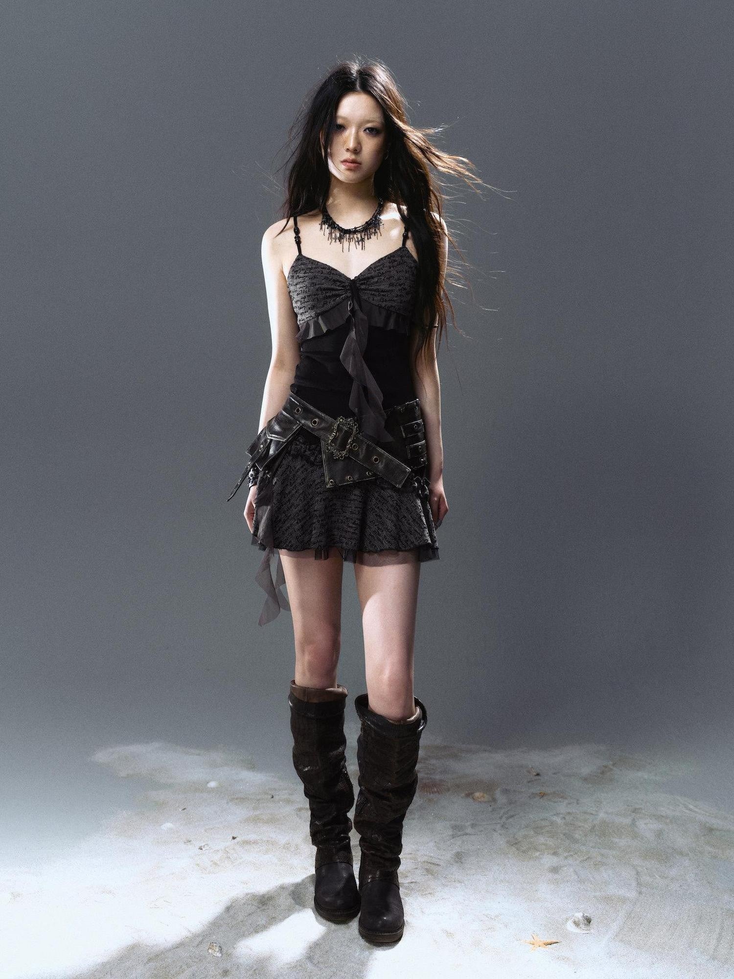 Cest Nous A Line Ruched Tie Belt Mesh Panel Ruffle Women&