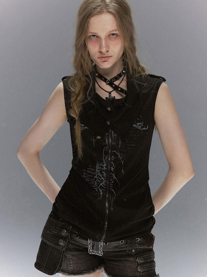 Cest Nous Ancient Sword Cross Print Draped Collar Zipper Women&