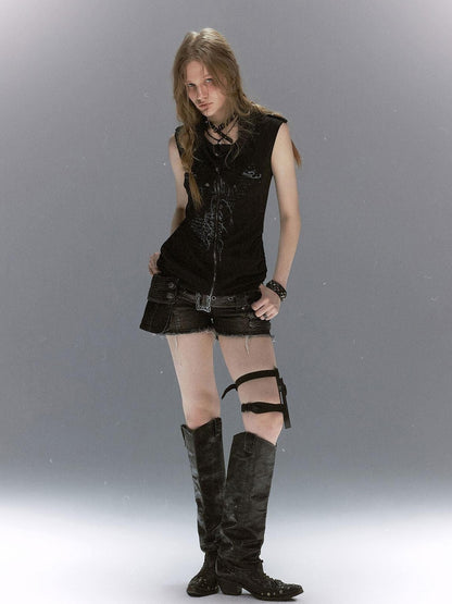 Cest Nous Ancient Sword Cross Print Draped Collar Zipper Women&