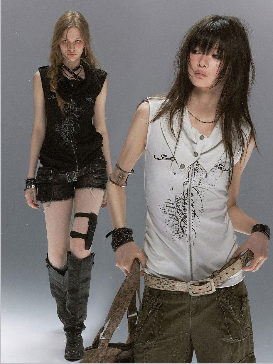 Cest Nous Ancient Sword Cross Print Draped Collar Zipper Women&