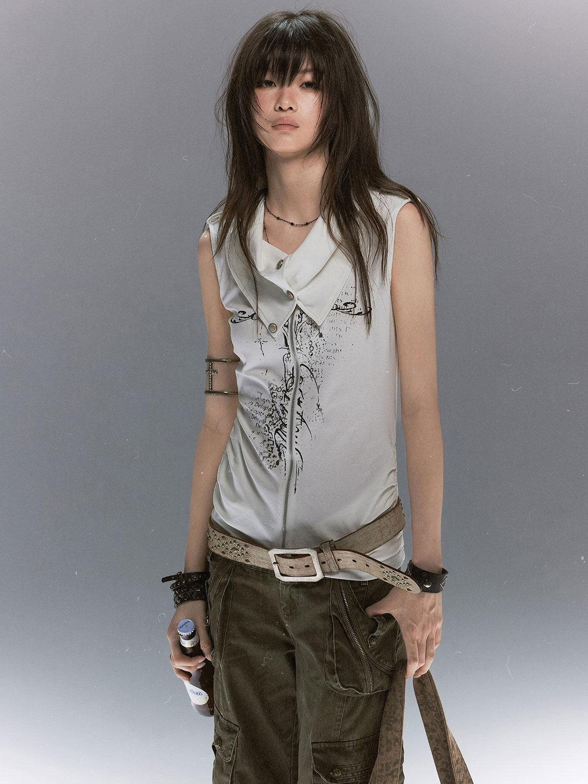Cest Nous Ancient Sword Cross Print Draped Collar Zipper Women&