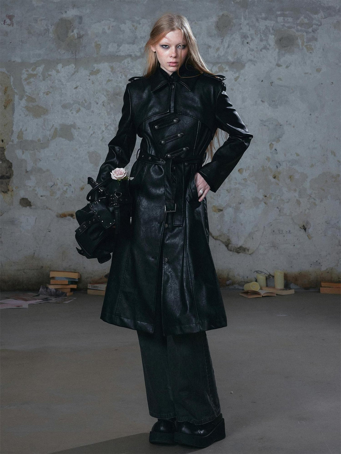Cest Nous Asymmetric Deconstructed Waist Cinched Long Sleeve Pu Leather Women&