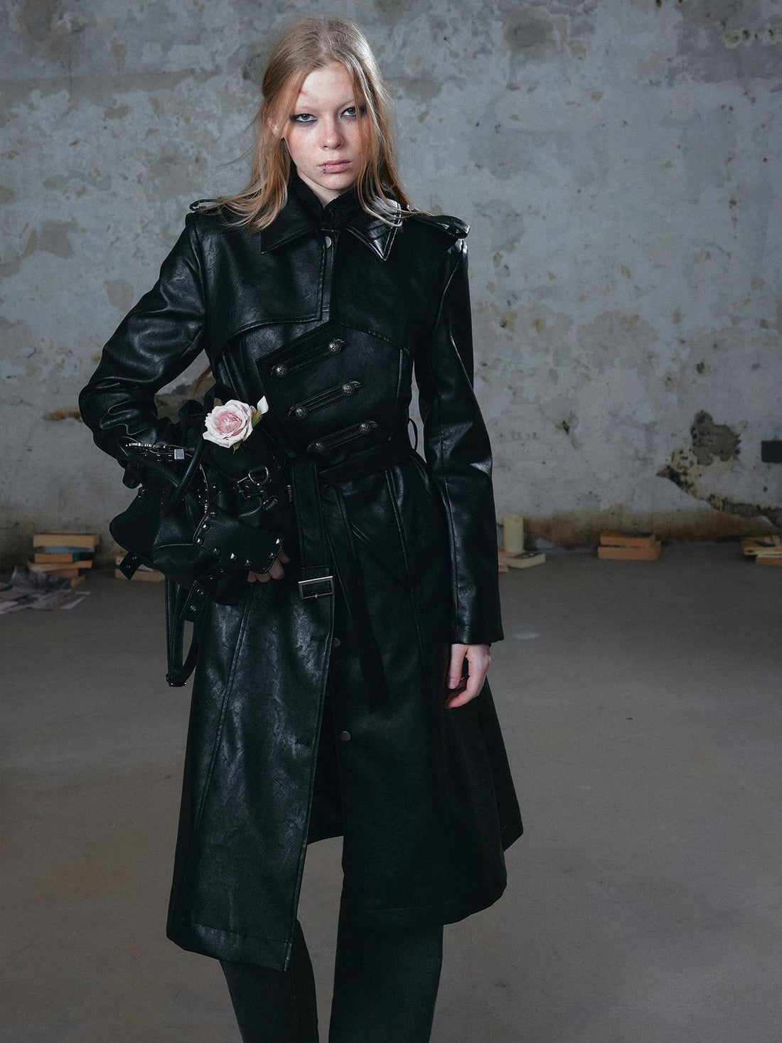 Cest Nous Asymmetric Deconstructed Waist Cinched Long Sleeve Pu Leather Women&
