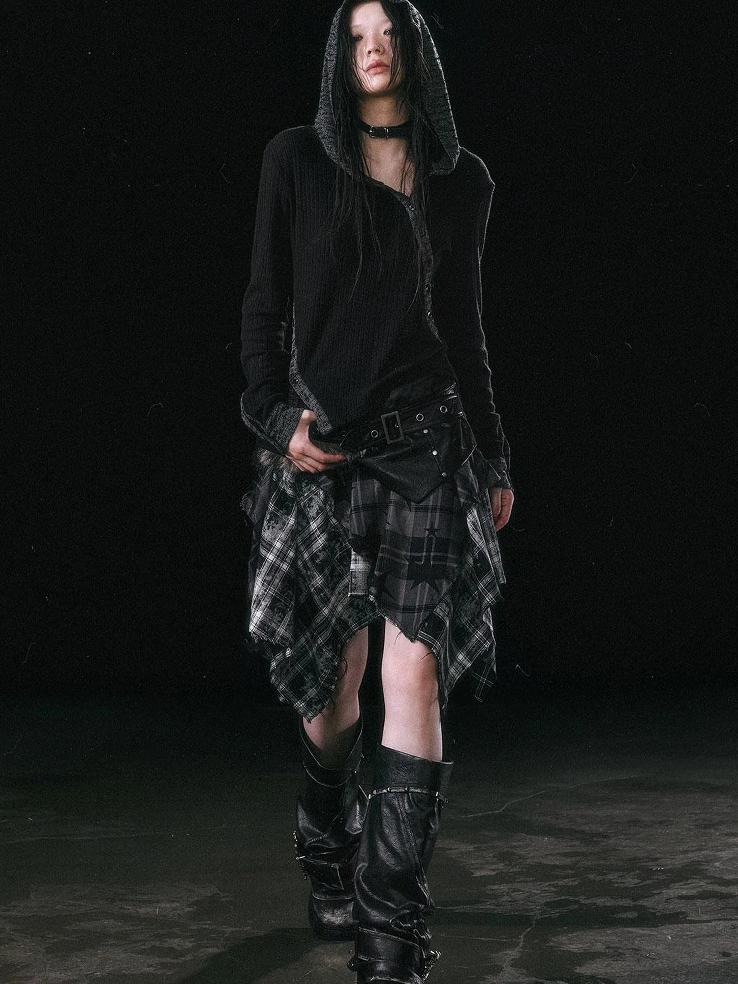 Asymmetrical Hooded Knit Top