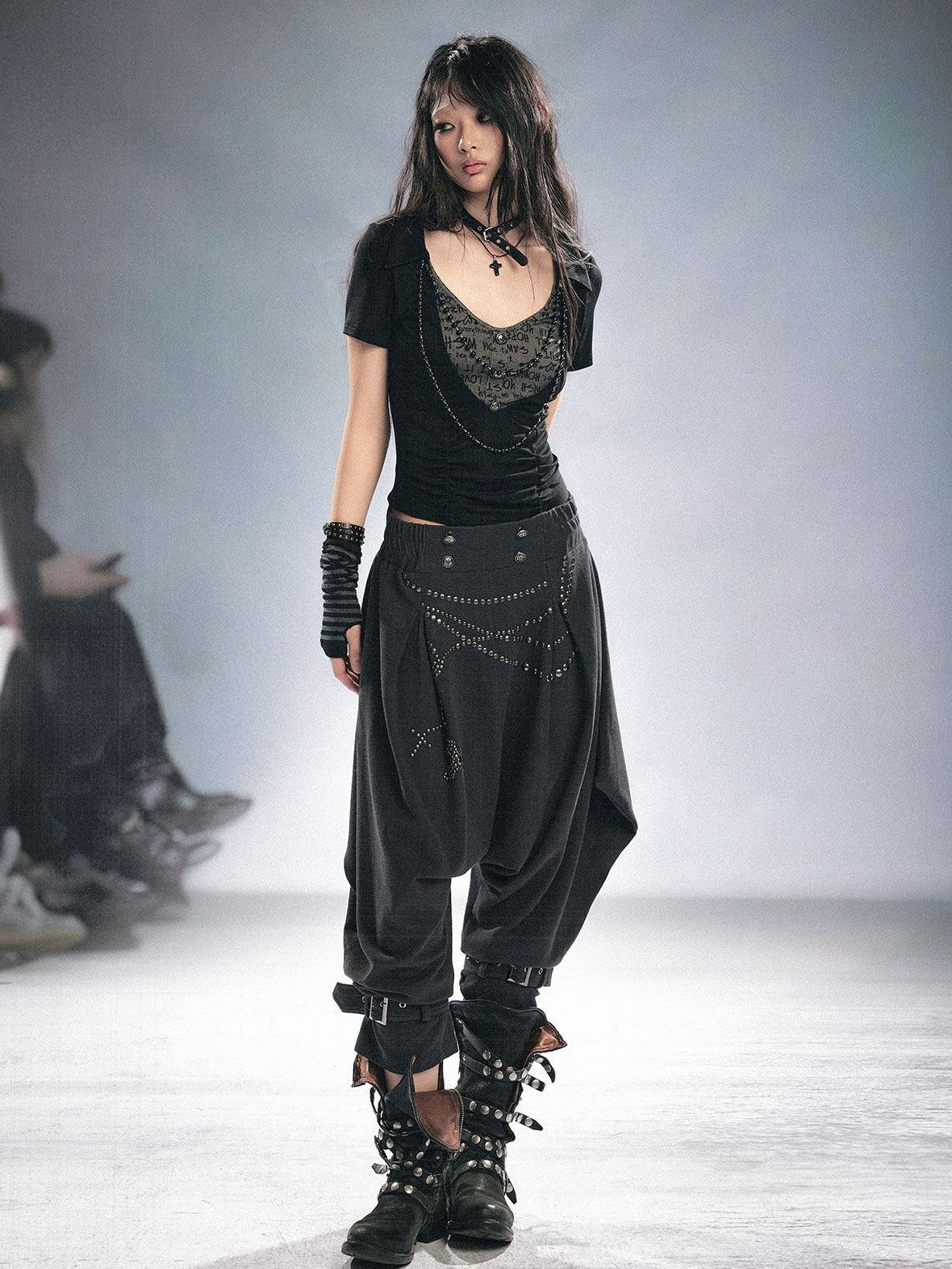 Cest Nous Beaded Letter Print Punk Black Grey Patchwork Women&