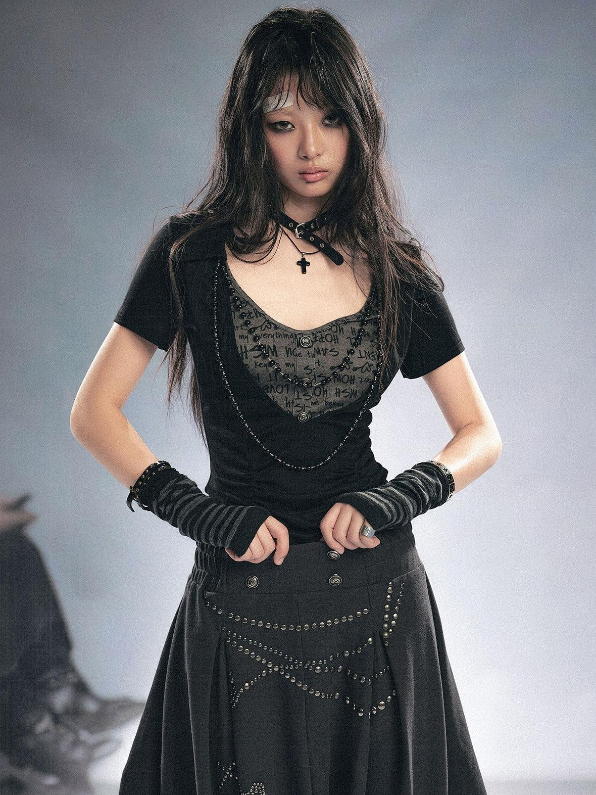 Cest Nous Beaded Letter Print Punk Black Grey Patchwork Women&