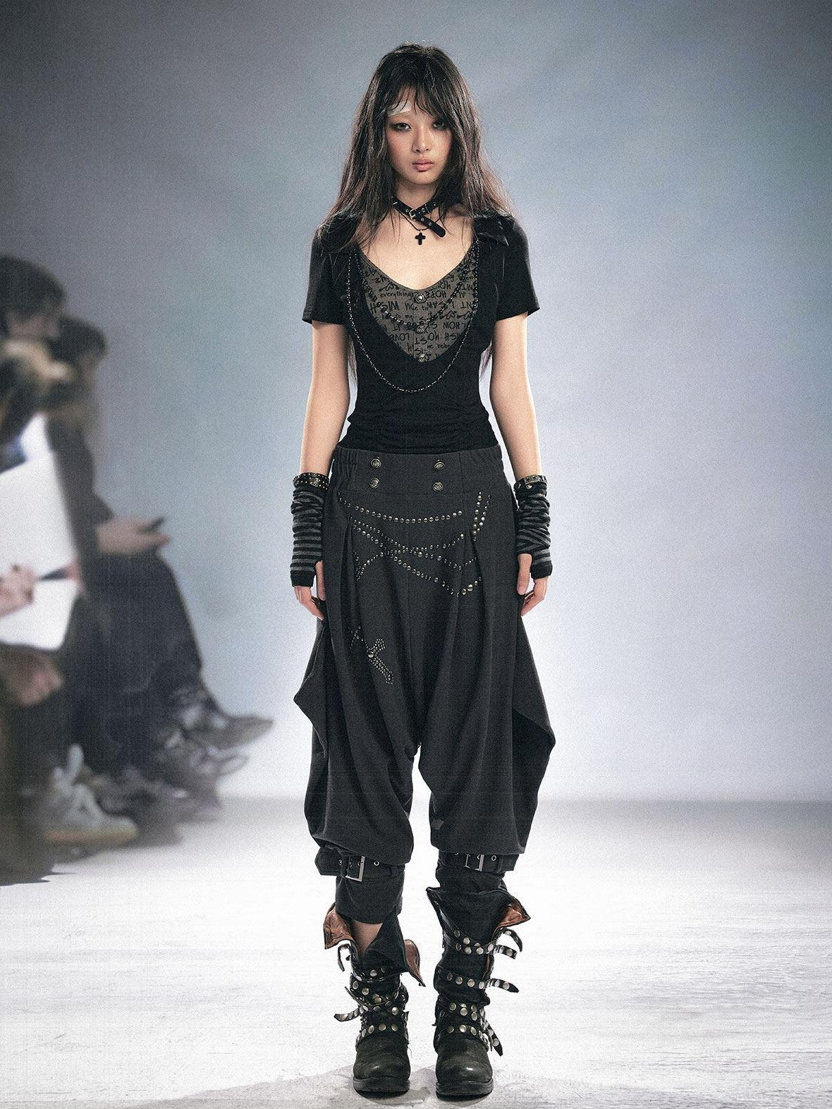Cest Nous Beaded Letter Print Punk Black Grey Patchwork Women&