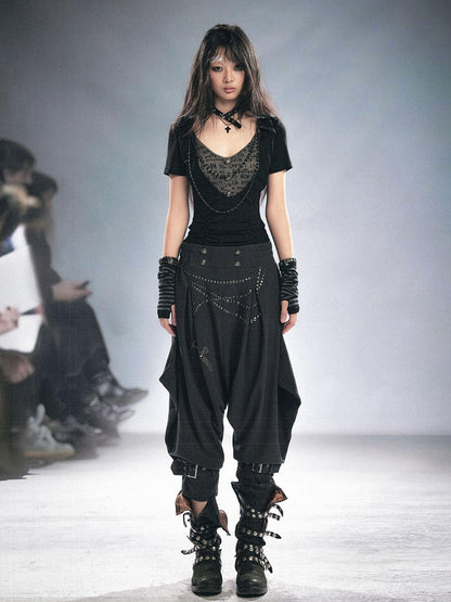 Cest Nous Beaded Letter Print Punk Black Grey Patchwork Women&