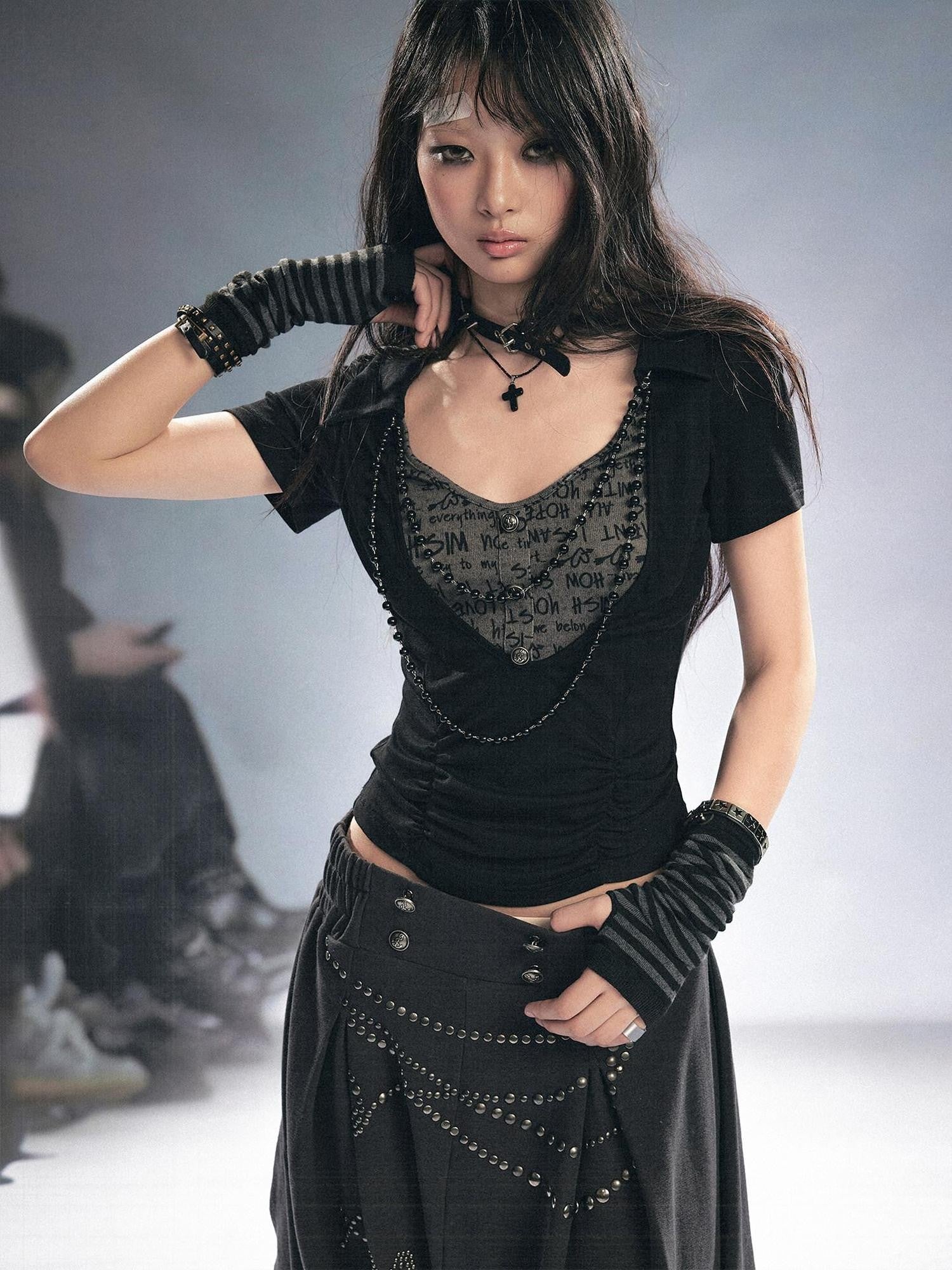 Cest Nous Beaded Letter Print Punk Black Grey Patchwork Women&