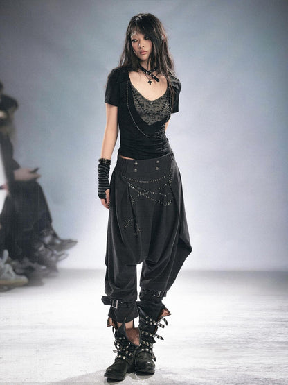 Cest Nous Beaded Letter Print Punk Black Grey Patchwork Women&