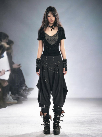 Cest Nous Beaded Letter Print Punk Black Grey Patchwork Women&