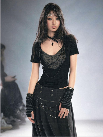 Cest Nous Beaded Letter Print Punk Black Grey Patchwork Women&