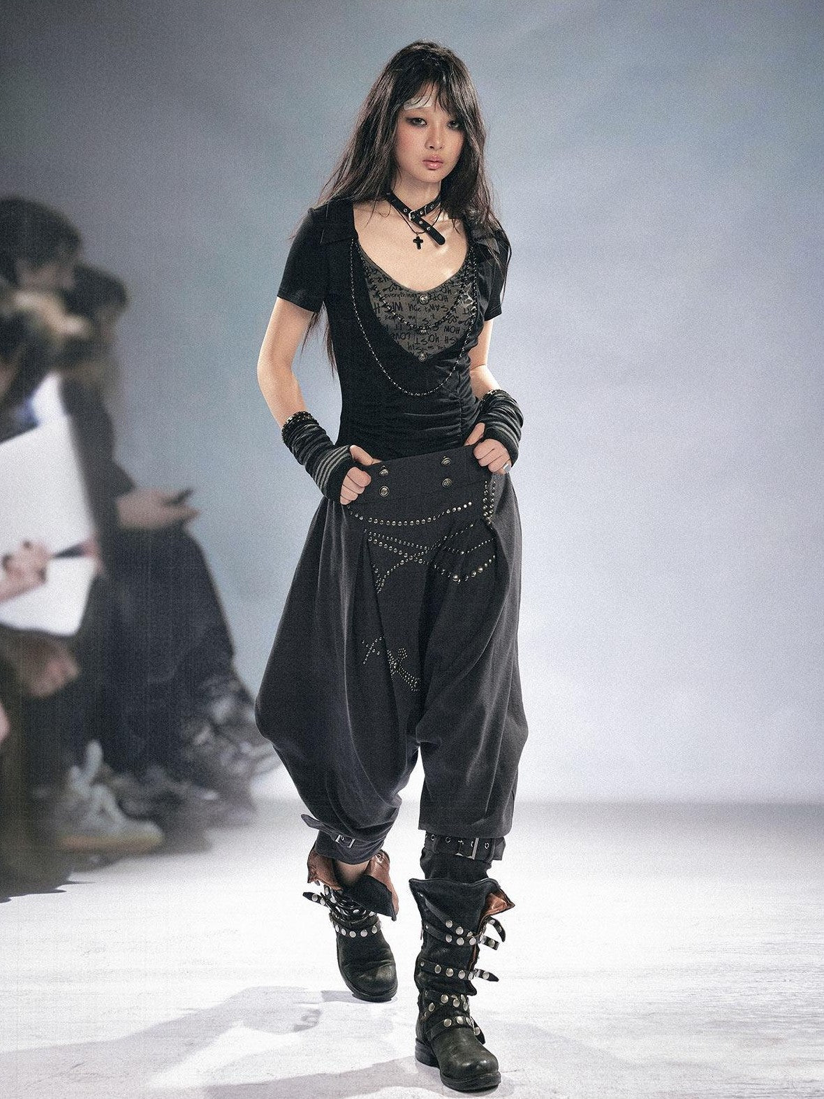 Cest Nous Beaded Letter Print Punk Black Grey Patchwork Women&