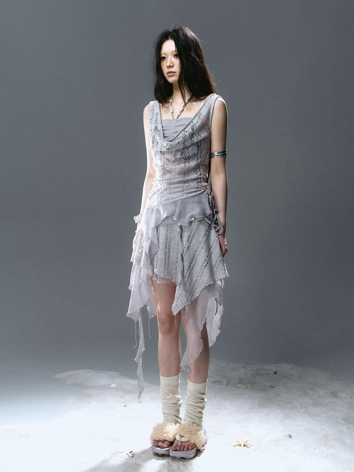Cest Nous Beaded Printed Striped Asymmetrical Cutout Spliced Women&