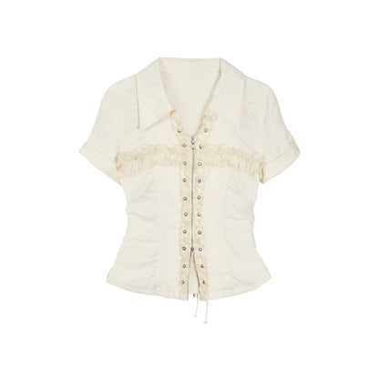 Cest_Nous_Beige_Plaid_Cross_Rivet_Pleated_Lace_Women&