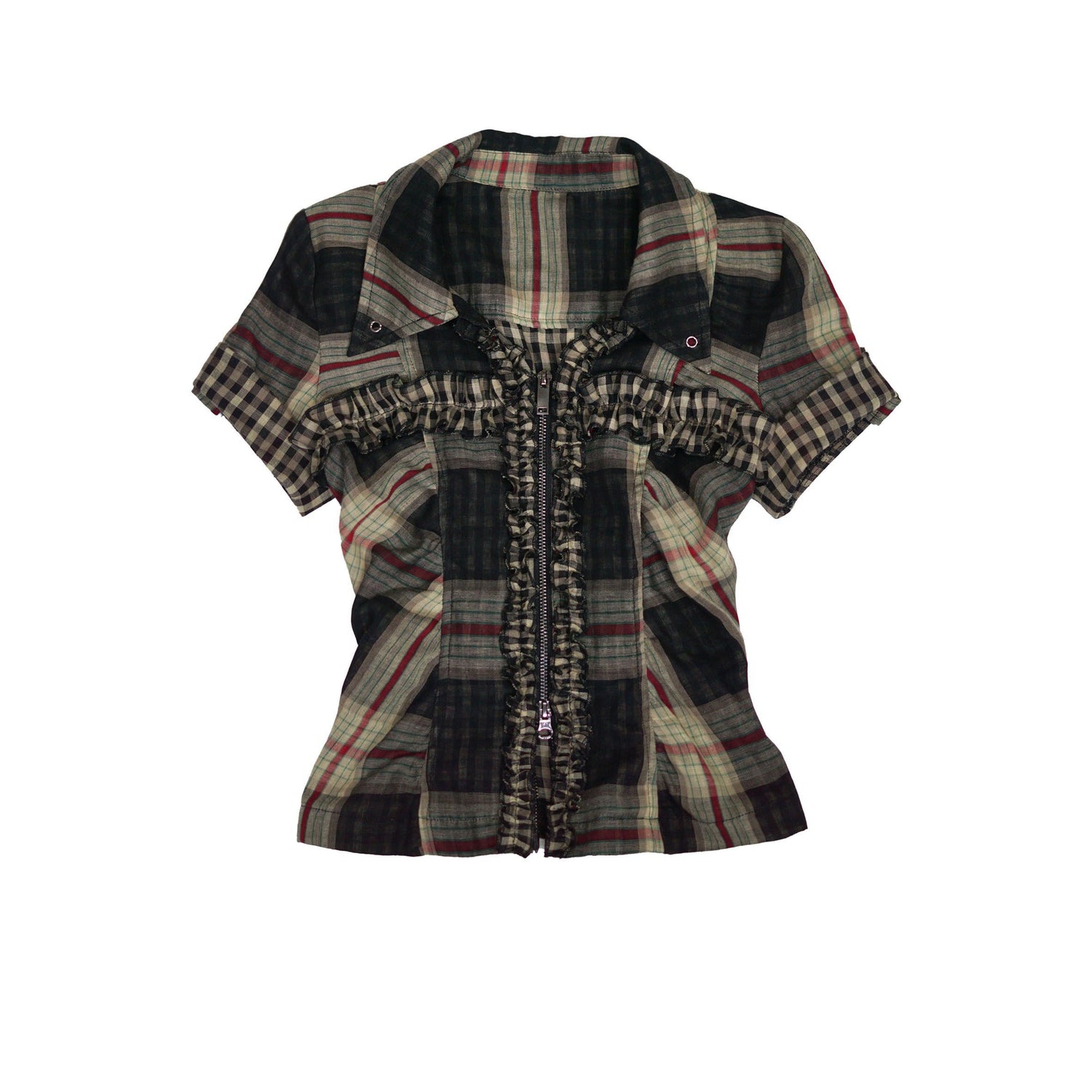 Cest_Nous_Beige_Plaid_Cross_Rivet_Pleated_Lace_Women&