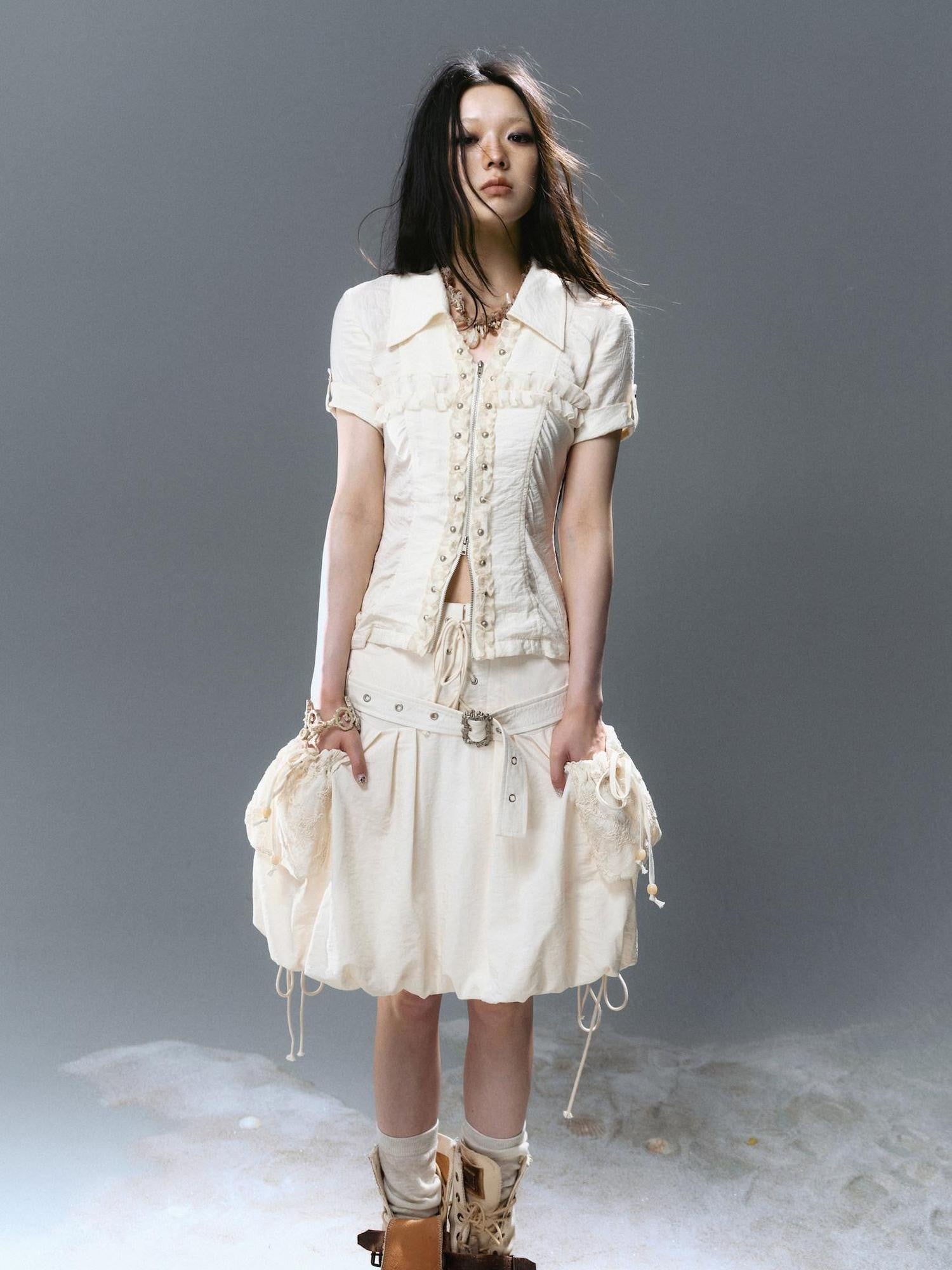 Cest Nous Beige Plaid Cross Rivet Pleated Lace Women&