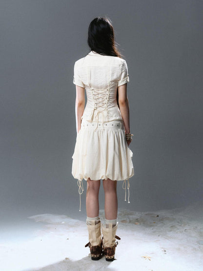 Cest Nous Beige Plaid Cross Rivet Pleated Lace Women&