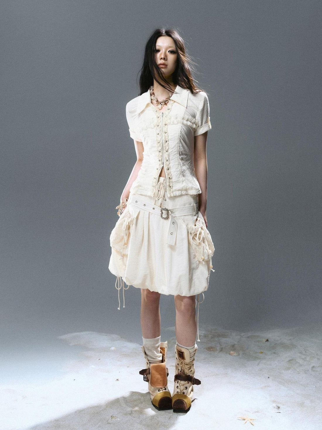 Cest Nous Beige Punk Rivet Tie Bubble Women&