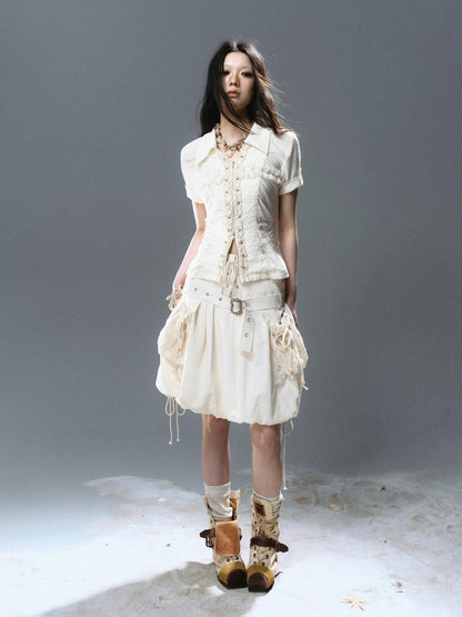 Cest Nous Beige Punk Rivet Tie Bubble Women&