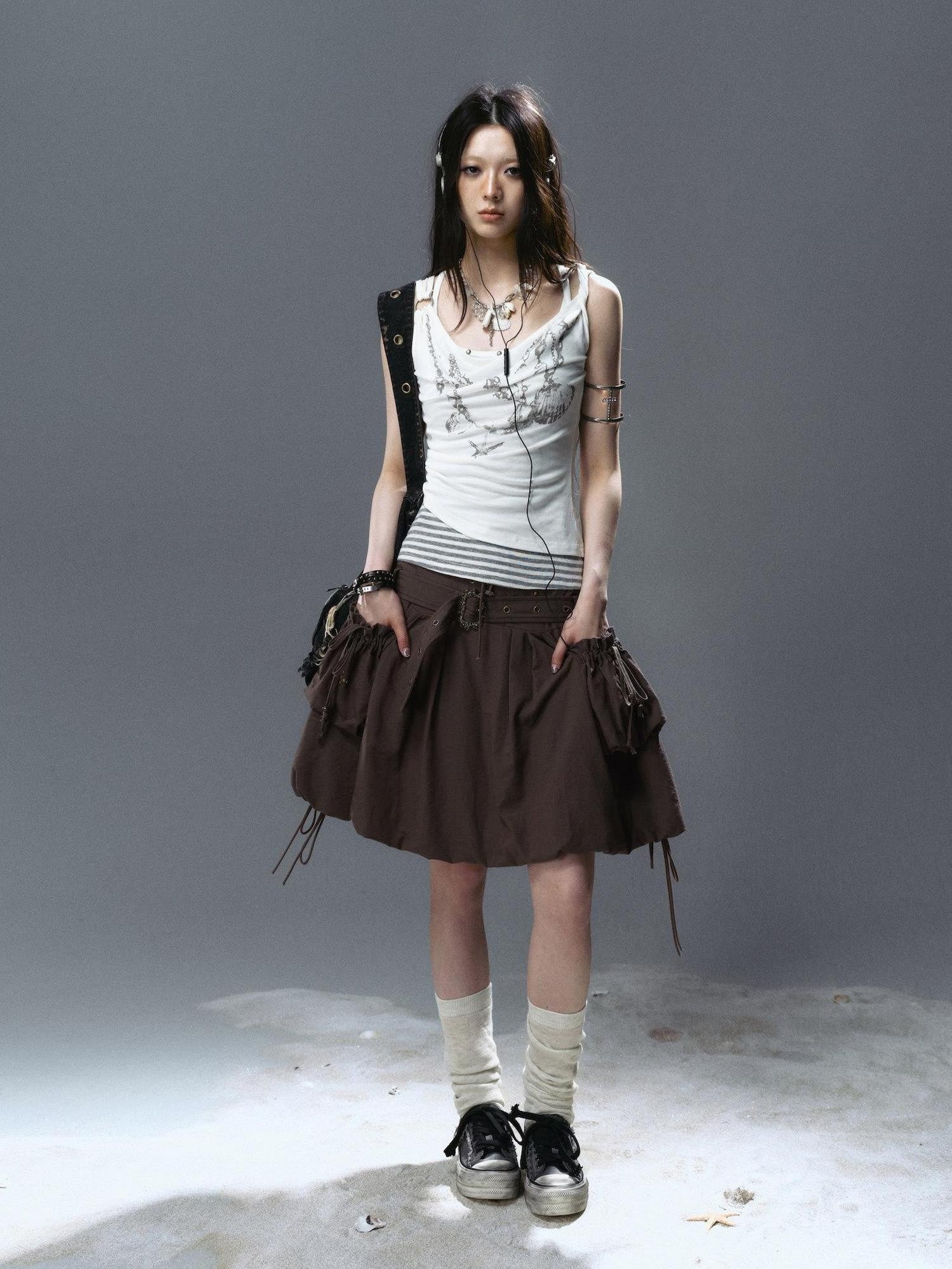Cest Nous Beige Punk Rivet Tie Bubble Women&