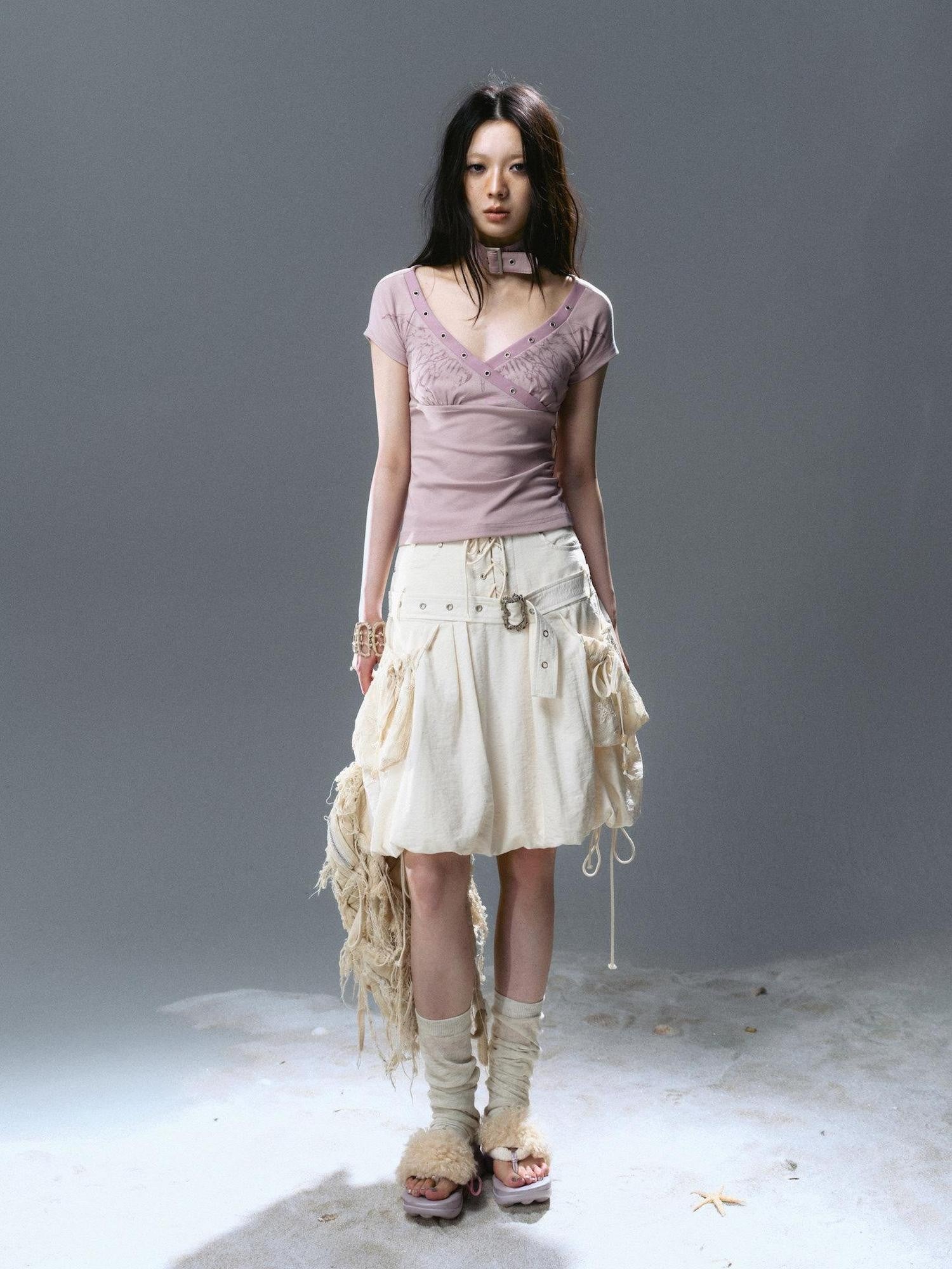 Cest Nous Beige Punk Rivet Tie Bubble Women&