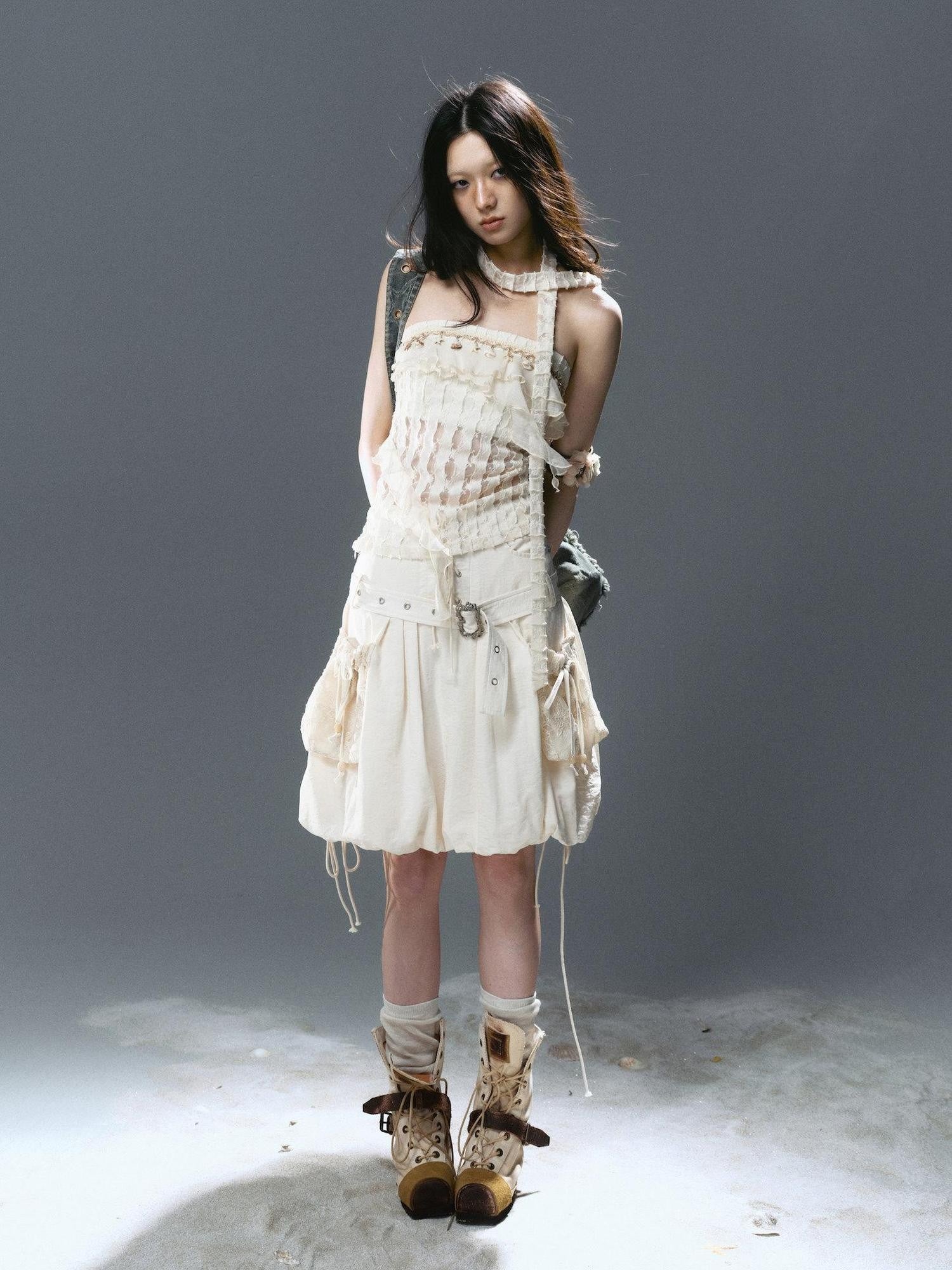 Cest Nous Beige Punk Rivet Tie Bubble Women&