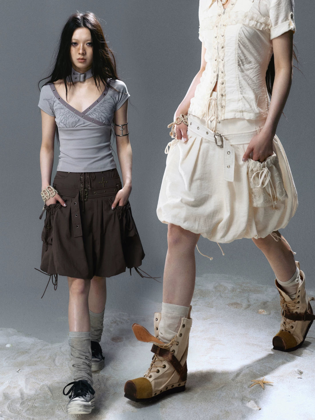 Cest Nous Beige Punk Rivet Tie Bubble Women&