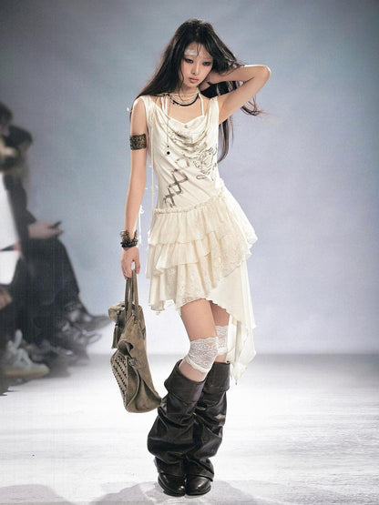 Cest Nous Beige Ruffle Lace Up Printed Spliced Lace Women&