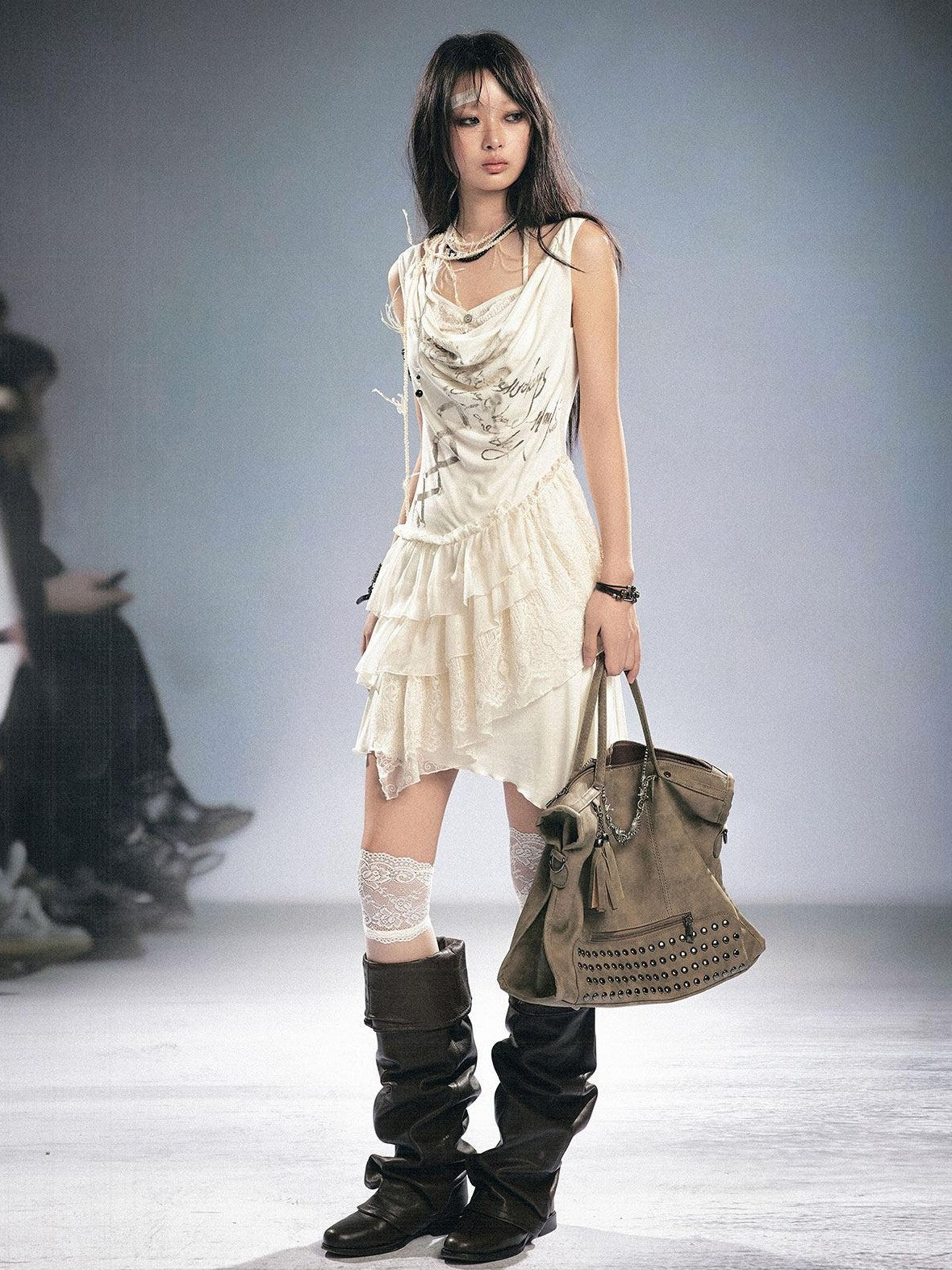 Cest Nous Beige Ruffle Lace Up Printed Spliced Lace Women&