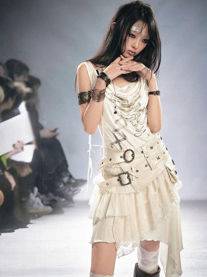 Cest Nous Beige Ruffle Lace Up Printed Spliced Lace Women&