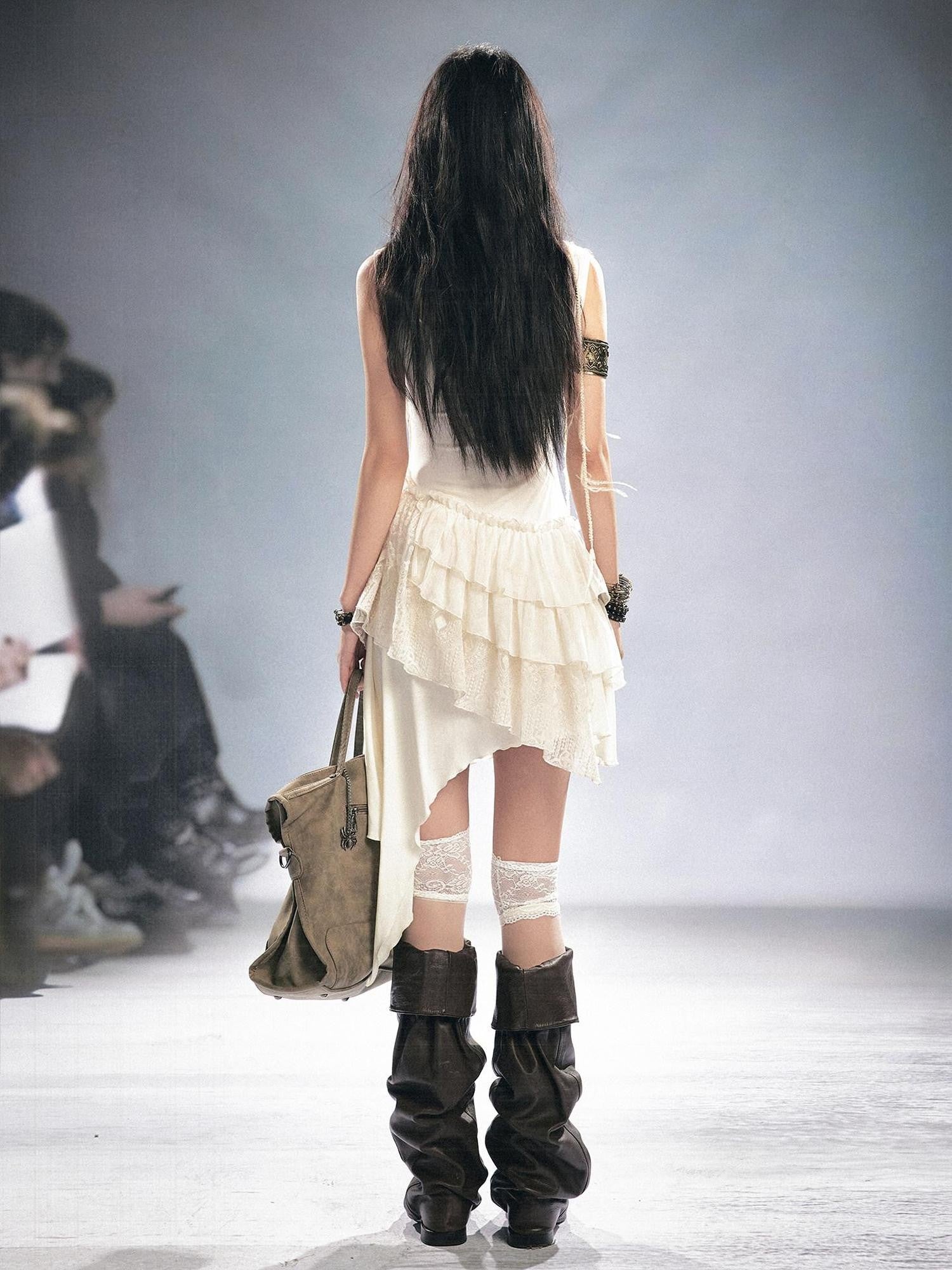 Cest Nous Beige Ruffle Lace Up Printed Spliced Lace Women&