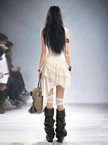 Cest Nous Beige Ruffle Lace Up Printed Spliced Lace Women&