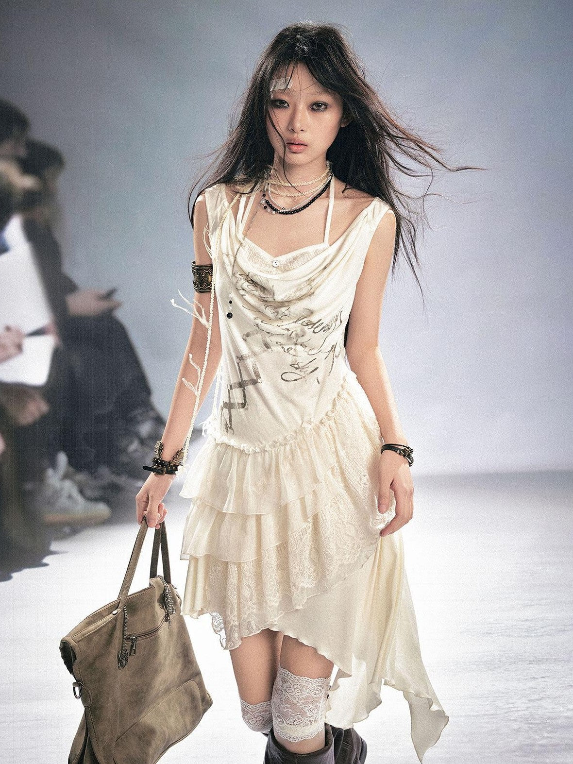 Cest Nous Beige Ruffle Lace Up Printed Spliced Lace Women&
