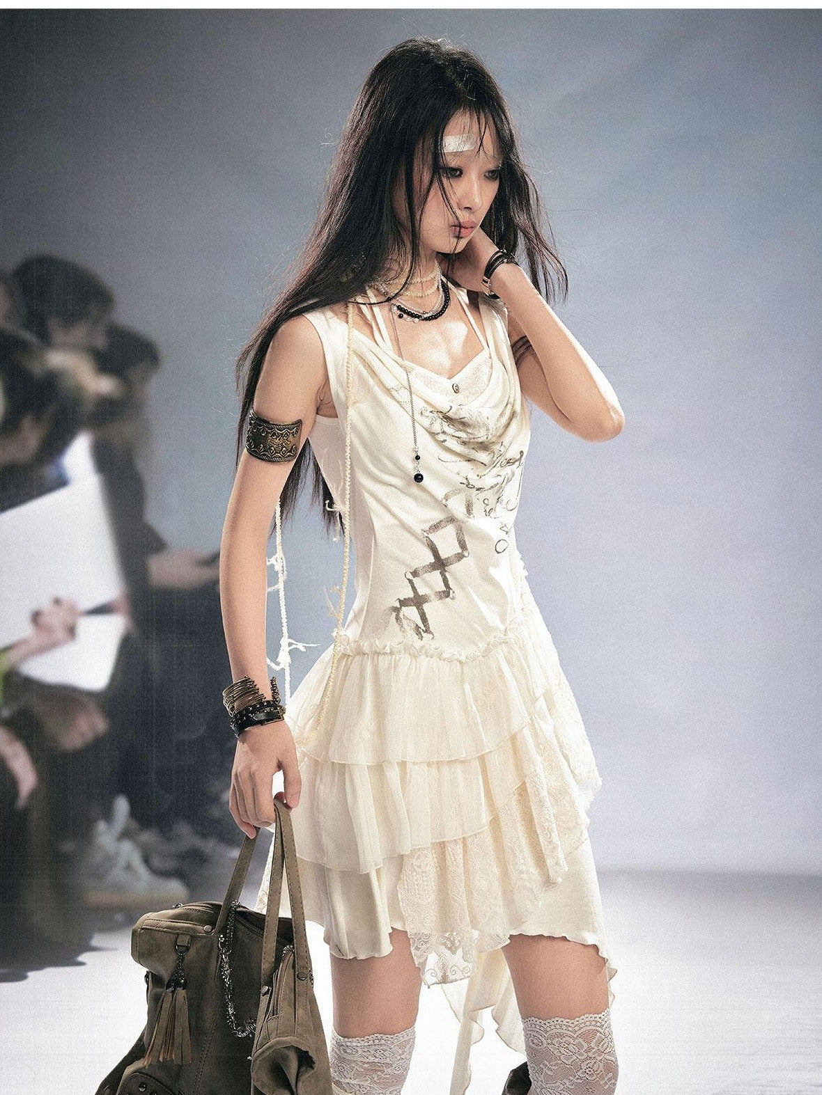 Cest Nous Beige Ruffle Lace Up Printed Spliced Lace Women&