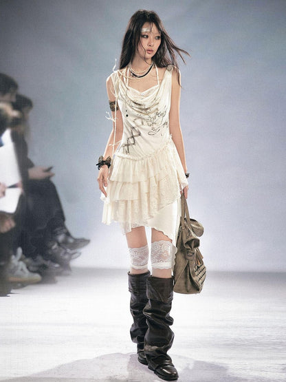 Cest Nous Beige Ruffle Lace Up Printed Spliced Lace Women&