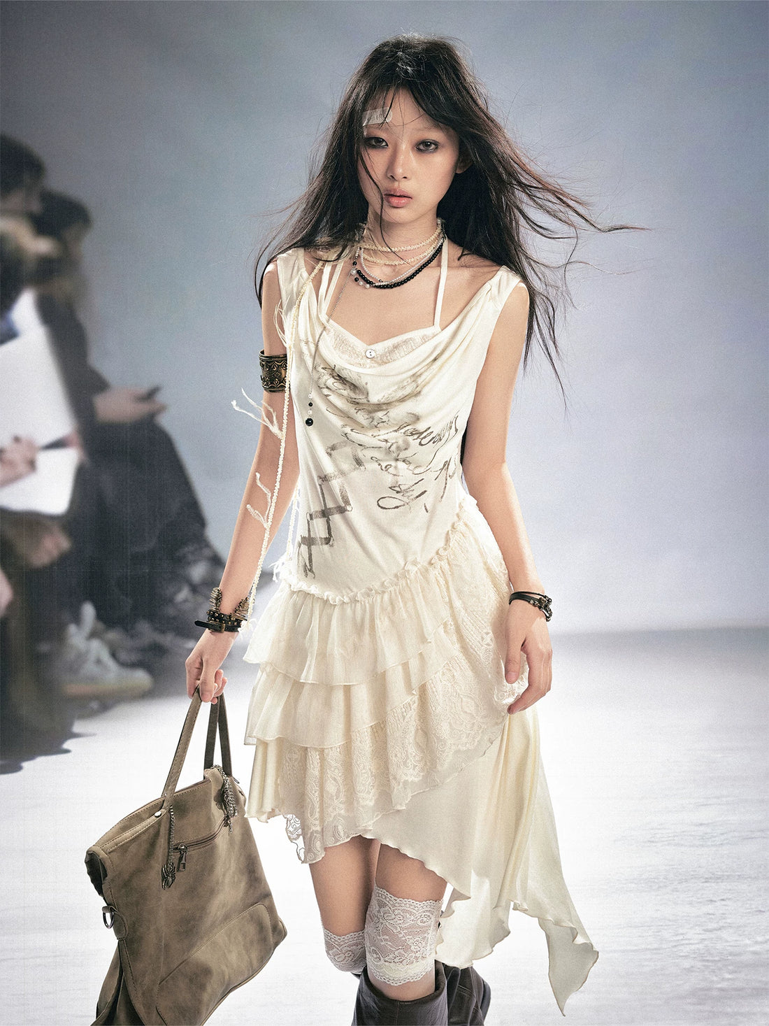 Cest Nous Beige Ruffle Lace Up Printed Spliced Lace Women&