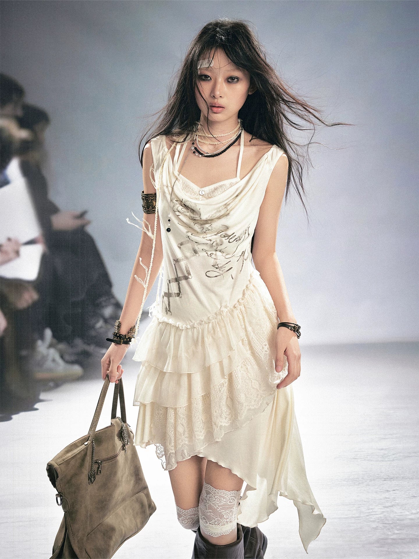 Cest Nous Beige Ruffle Lace Up Printed Spliced Lace Women&