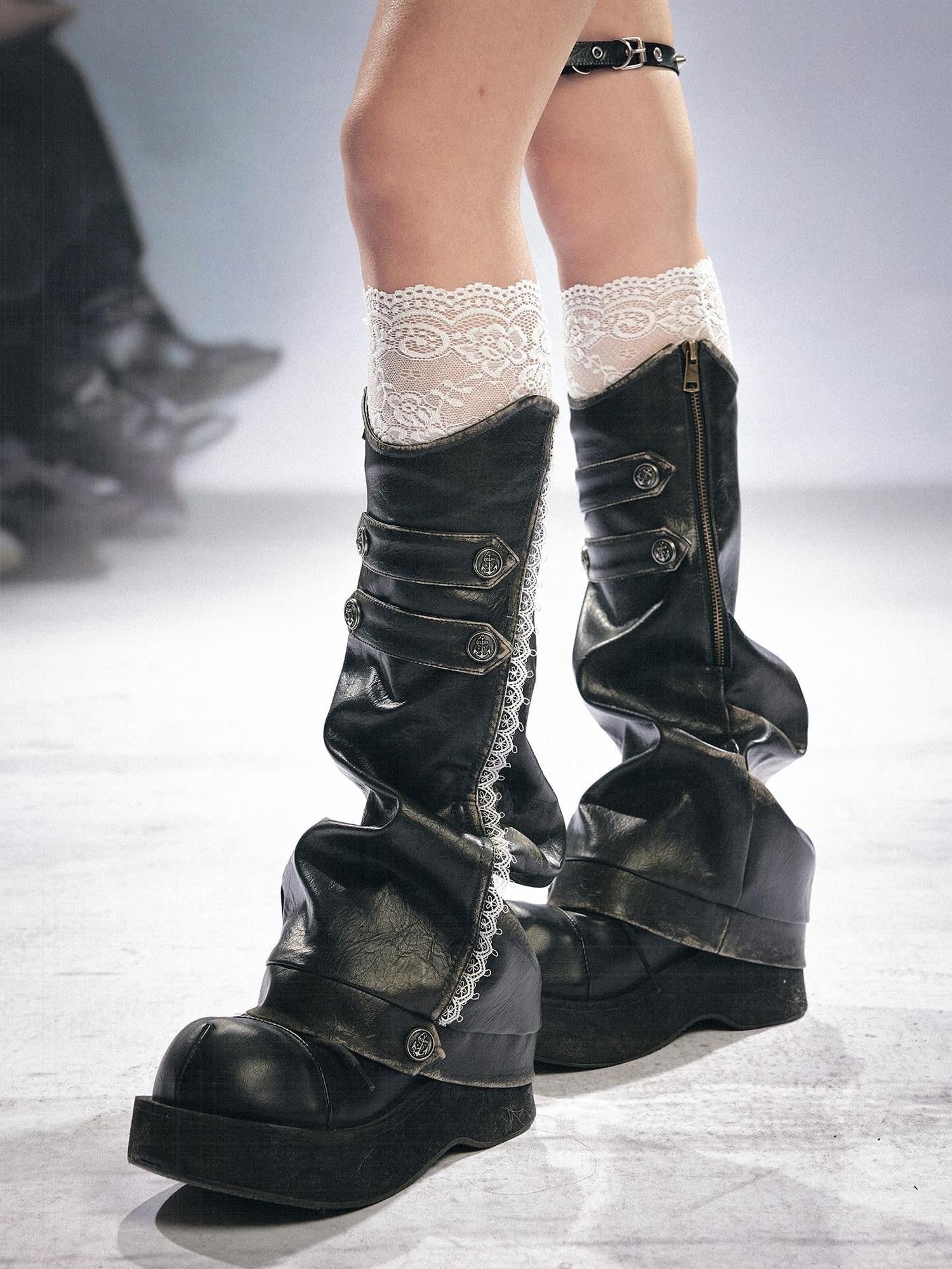 Cest Nous Black Lace Trim Buckle Faux Distressed Women&