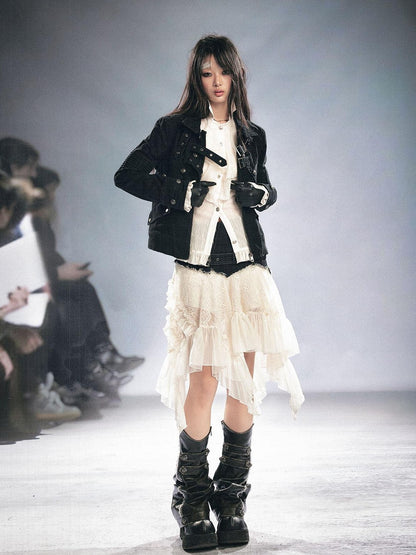 Cest Nous Black Lace Trim Buckle Faux Distressed Women&
